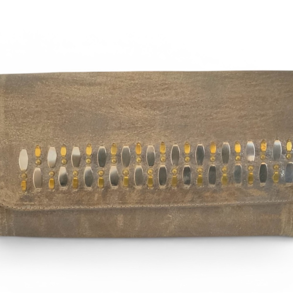 Calleen Cordero Clutch Handbag Taupe Distressed Leather Metal Accents NEW